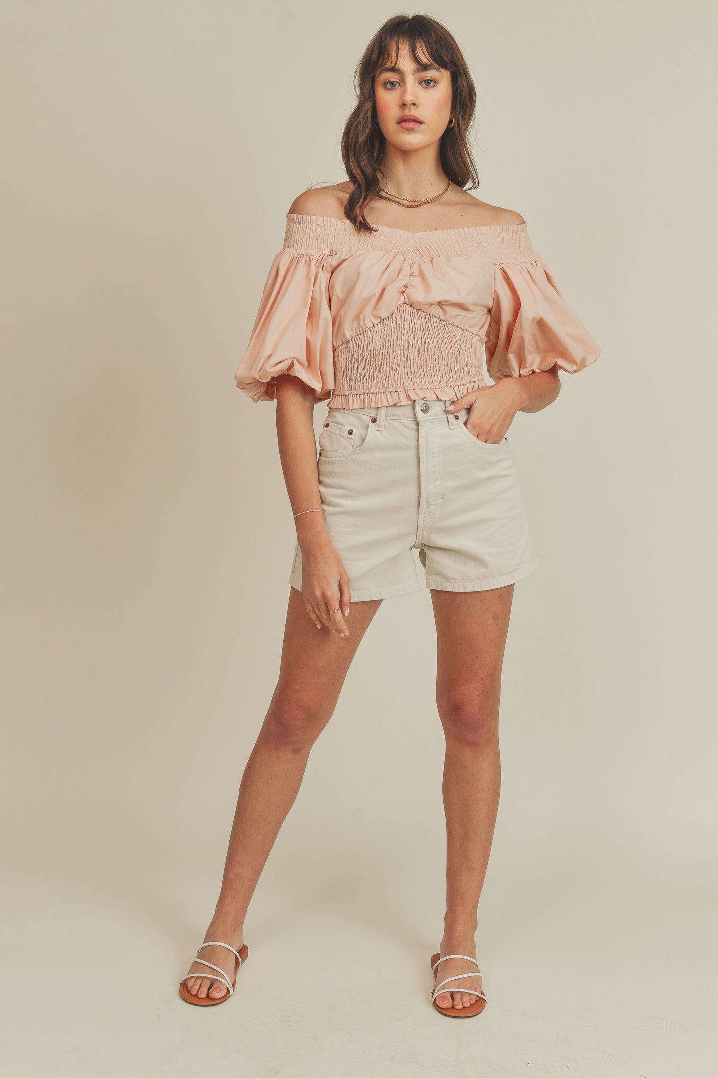 Poplin Off Shoulder Smocked Puff Sleeve Crop Top