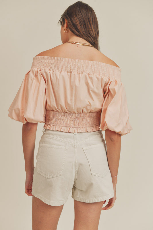 Poplin Off Shoulder Smocked Puff Sleeve Crop Top