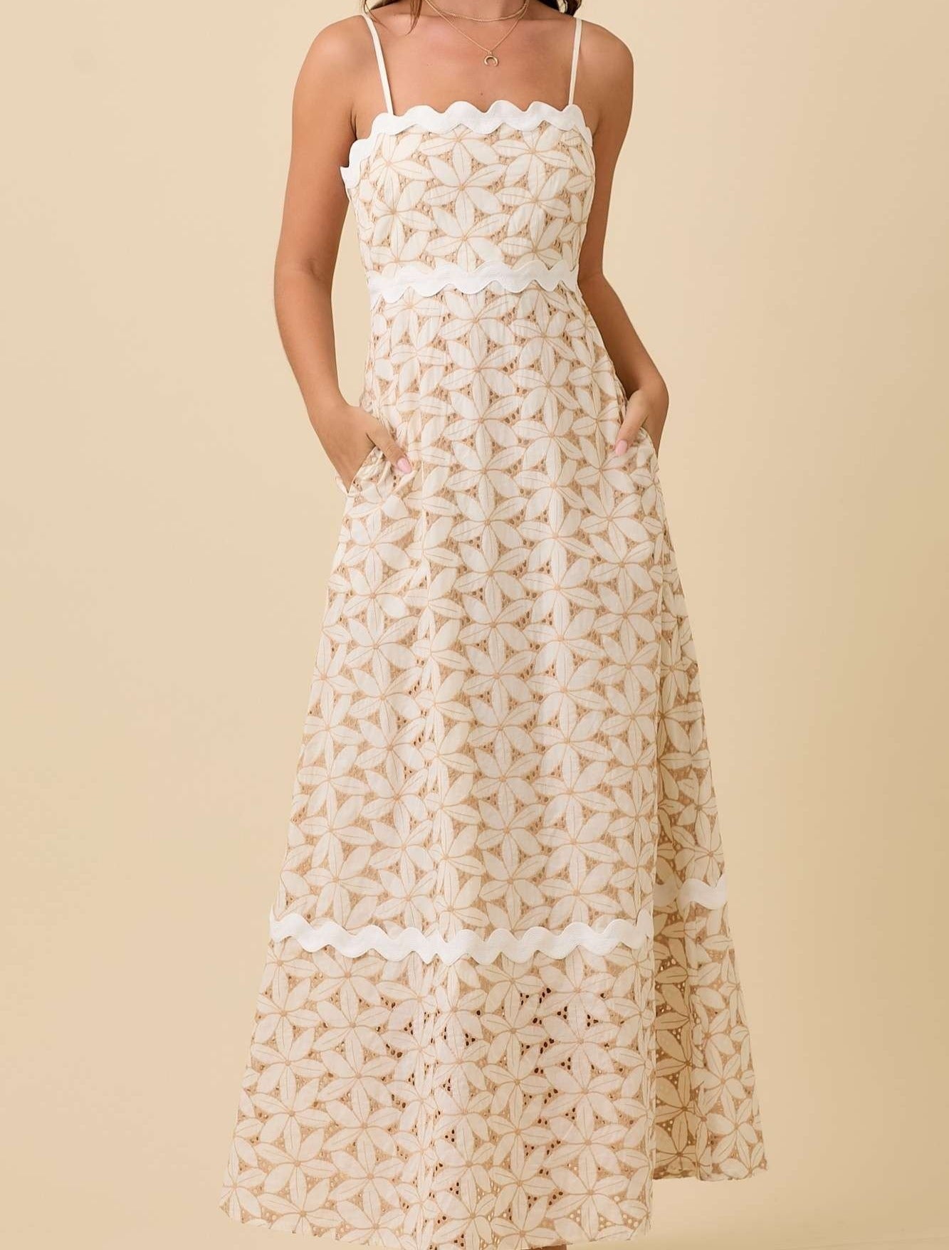 Floral Eyelet Maxi Dress With Contrasting Ric Rac