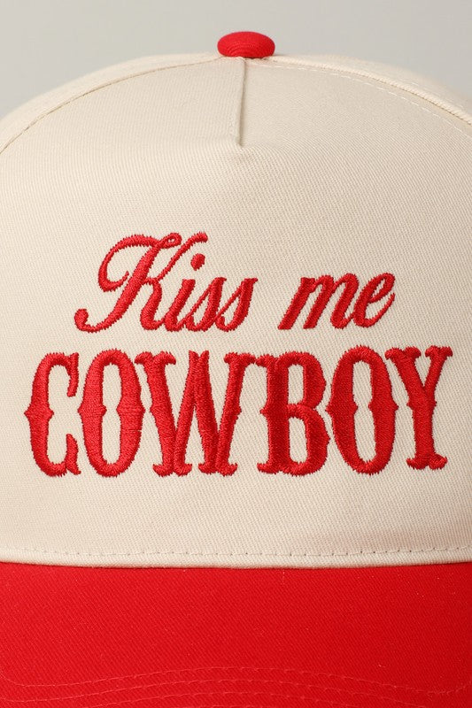 Kiss Me Cowboy Embroidery Trucker Hat-Red