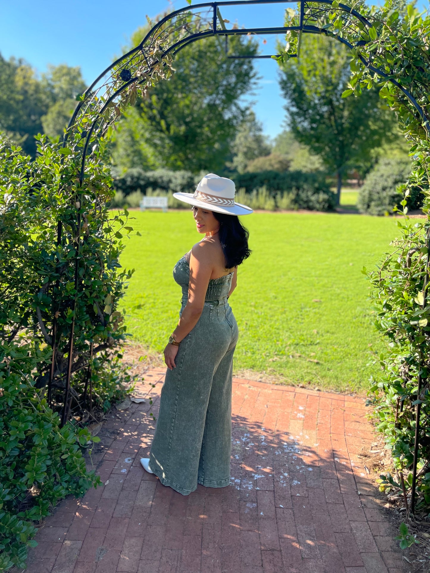 Olive Wide Leg Mineral Wash Tube Top Denim Jumpsuit
