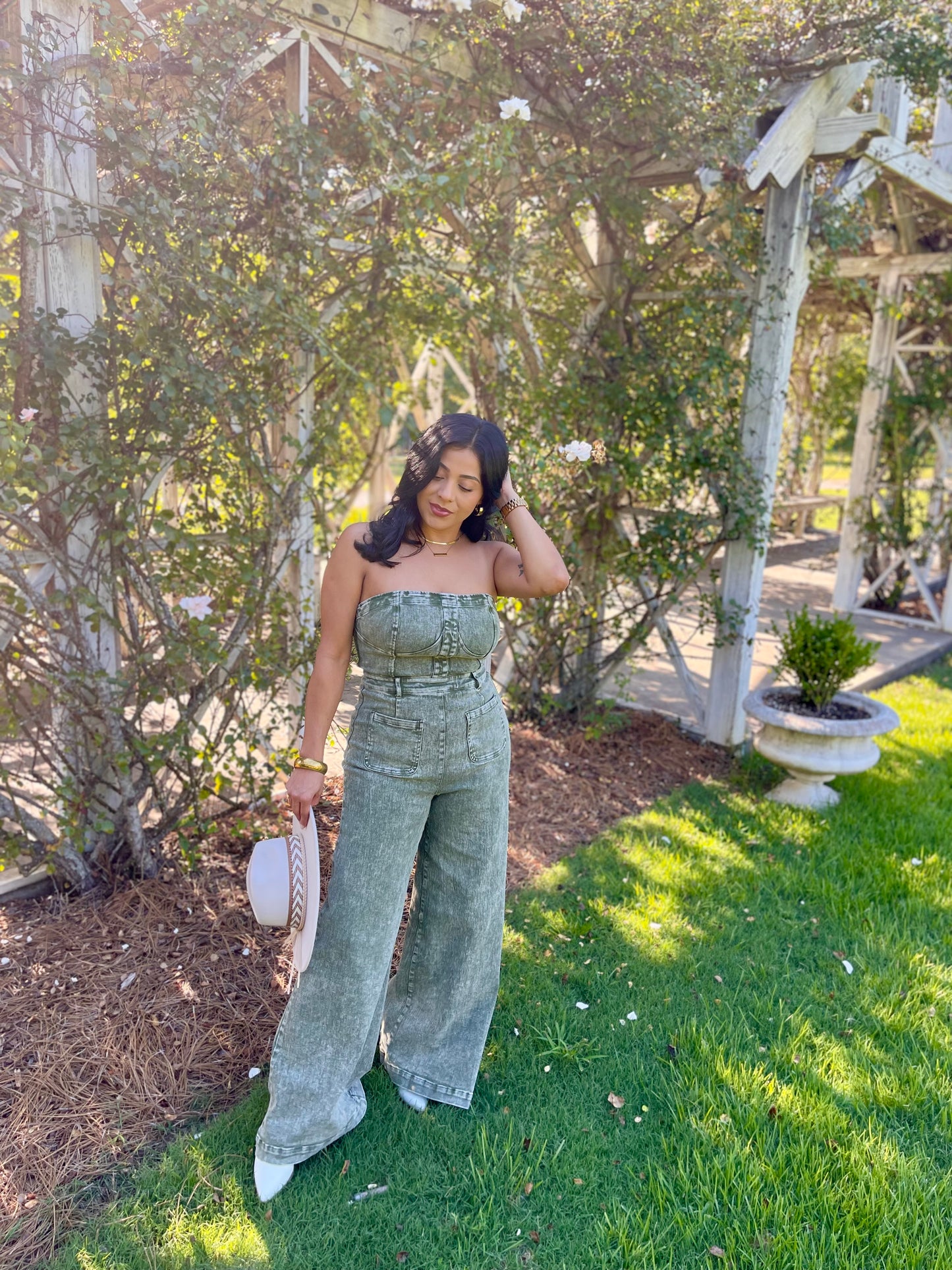 Olive Wide Leg Mineral Wash Tube Top Denim Jumpsuit