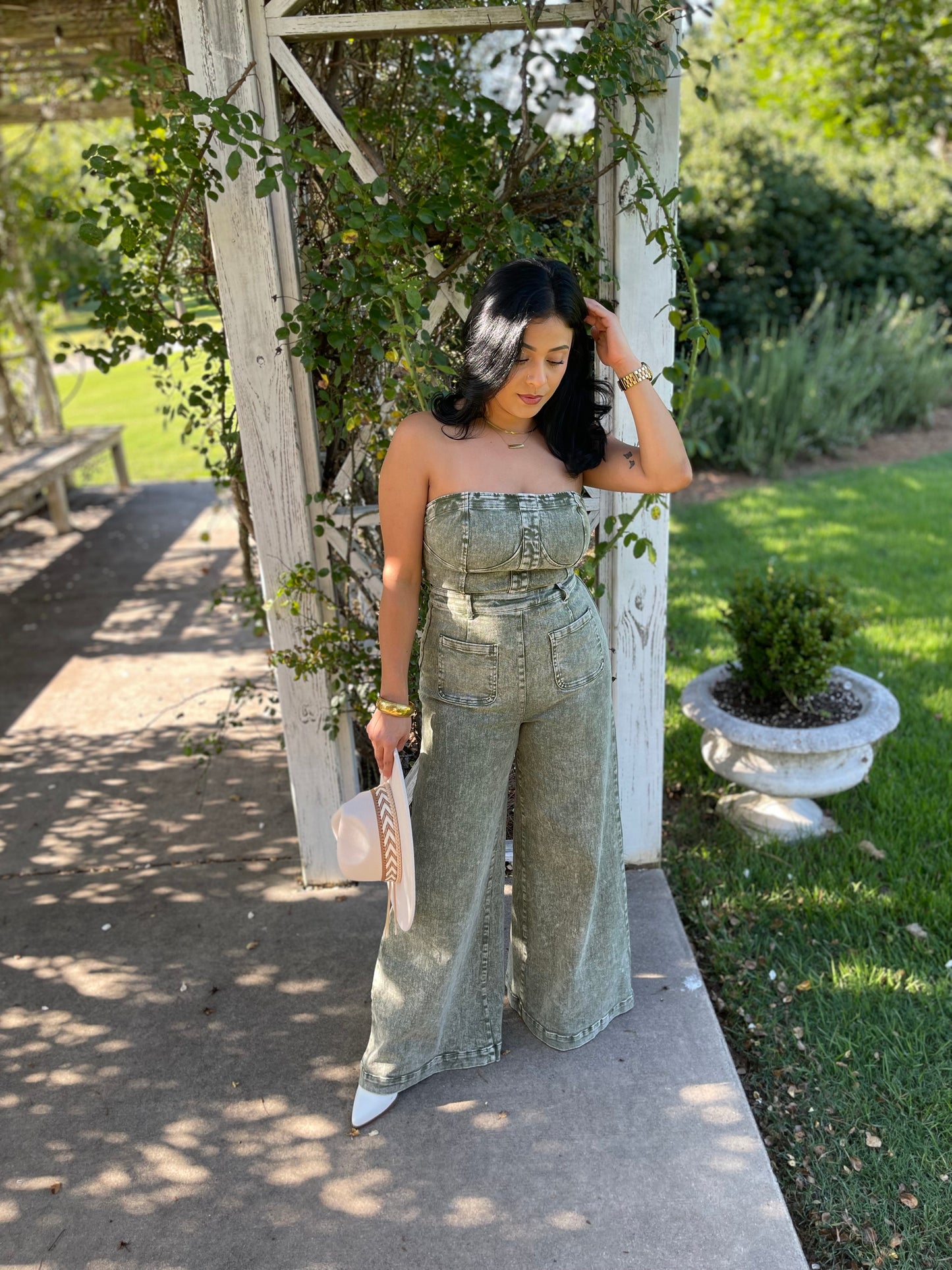 Olive Wide Leg Mineral Wash Tube Top Denim Jumpsuit