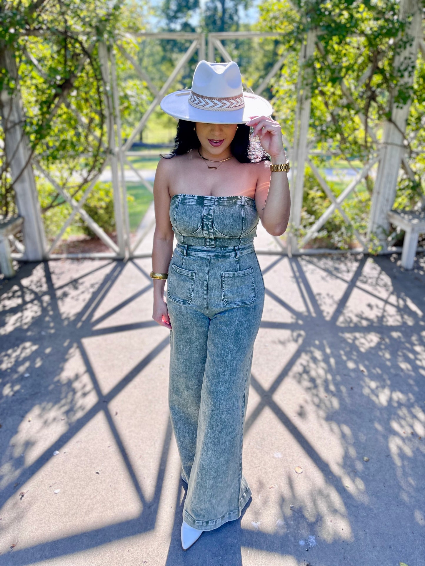 Olive Wide Leg Mineral Wash Tube Top Denim Jumpsuit