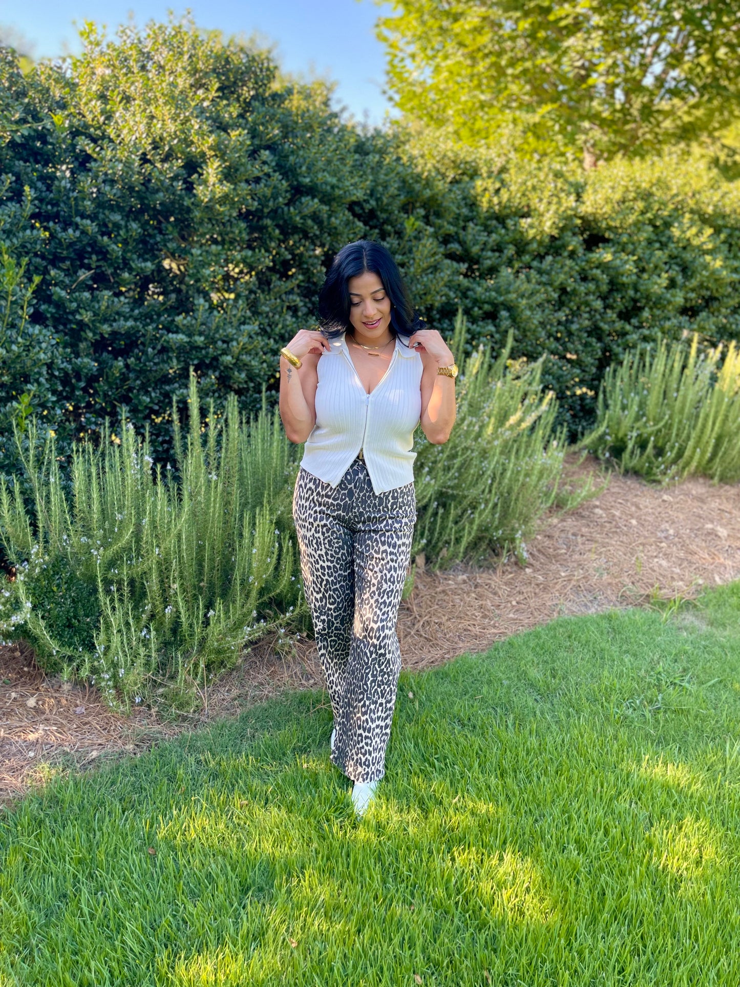High Waisted Animal Print Knit Jeans
