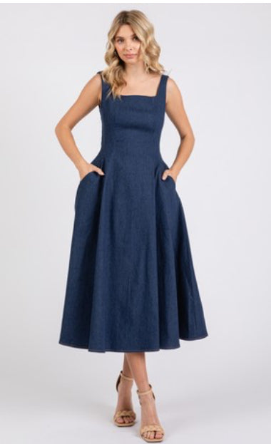 Solid Woven Denim Sleeveless A-Line Maxi Dress with Invisible Pockets