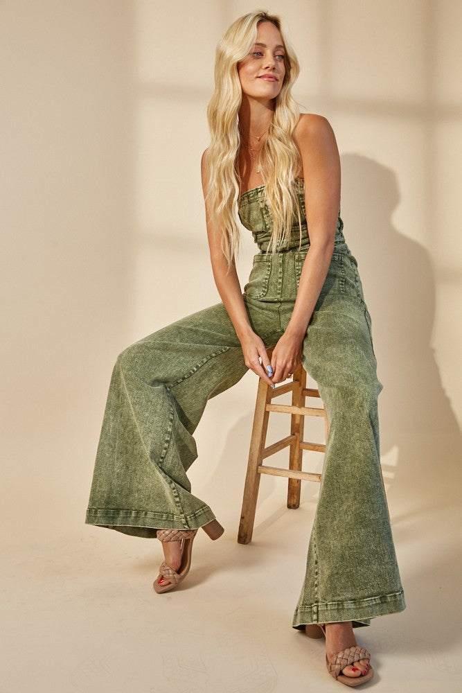 Olive Wide Leg Mineral Wash Tube Top Denim Jumpsuit