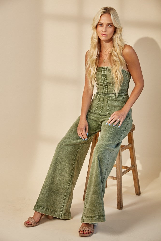 Olive Wide Leg Mineral Wash Tube Top Denim Jumpsuit