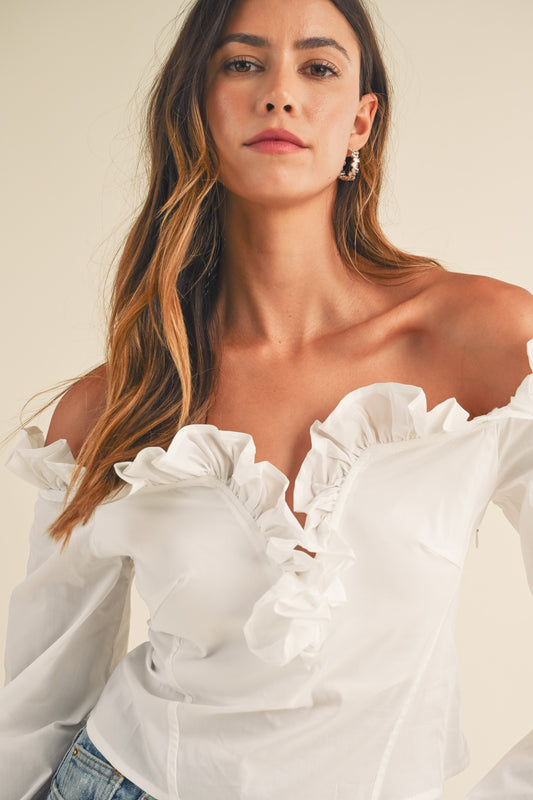 Off Shoulder Ruffle V Neck Top With Back Lace Up