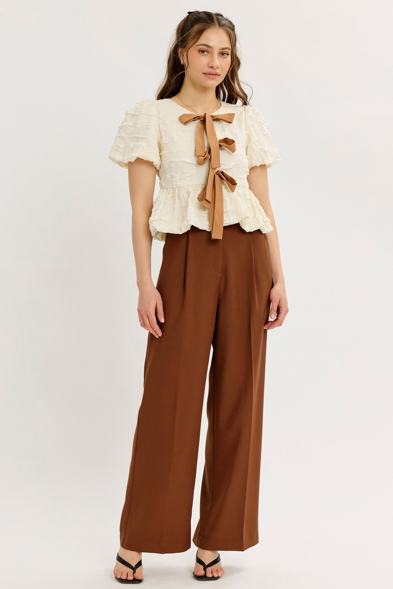 Bubble Babydoll Blouse With Contrast Bow Tie