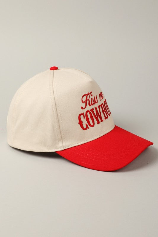 Kiss Me Cowboy Embroidery Trucker Hat-Red
