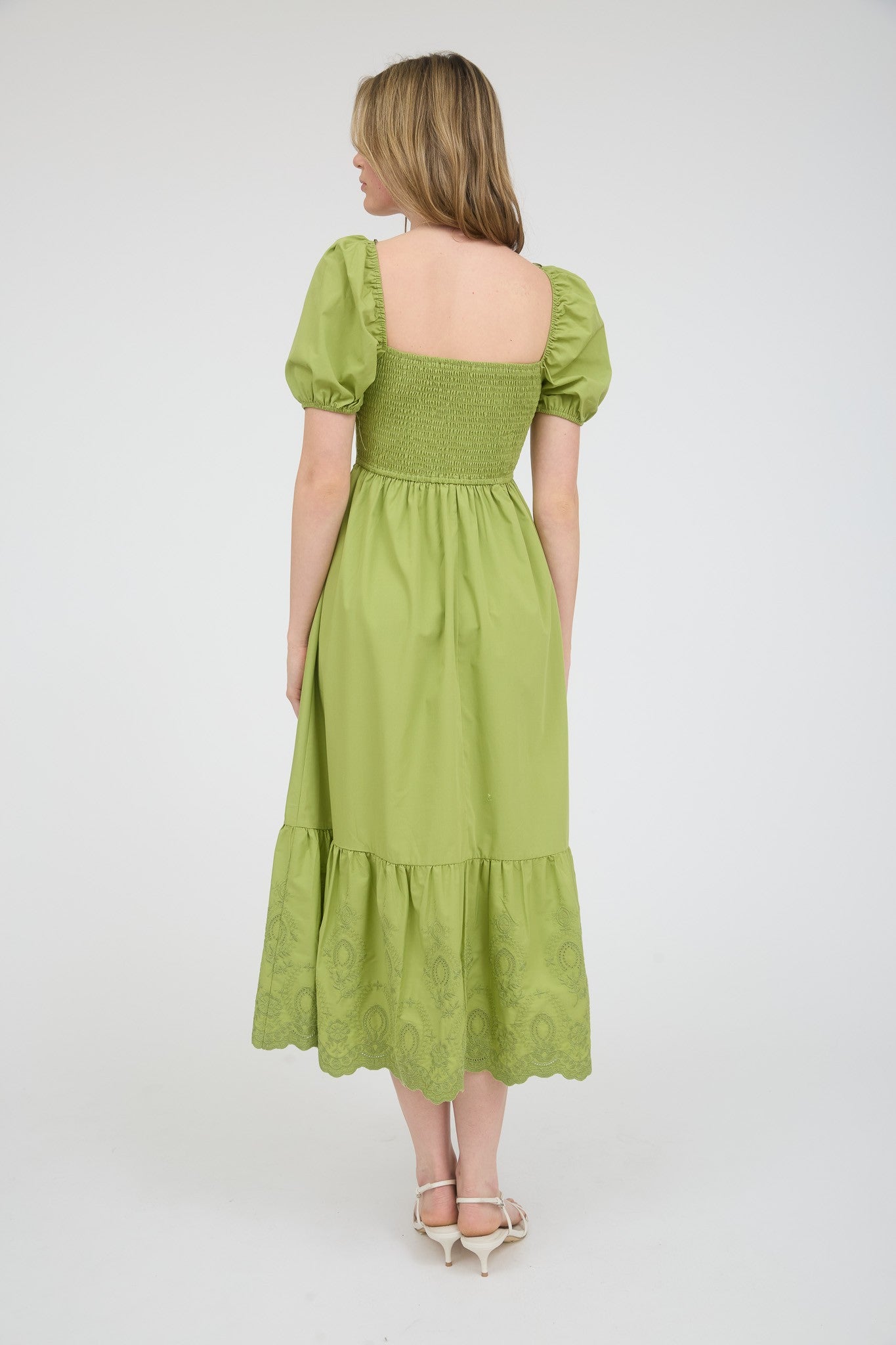 Sweetheart Neckline Puff Sleeve Eyelet Hem Midi Dress
