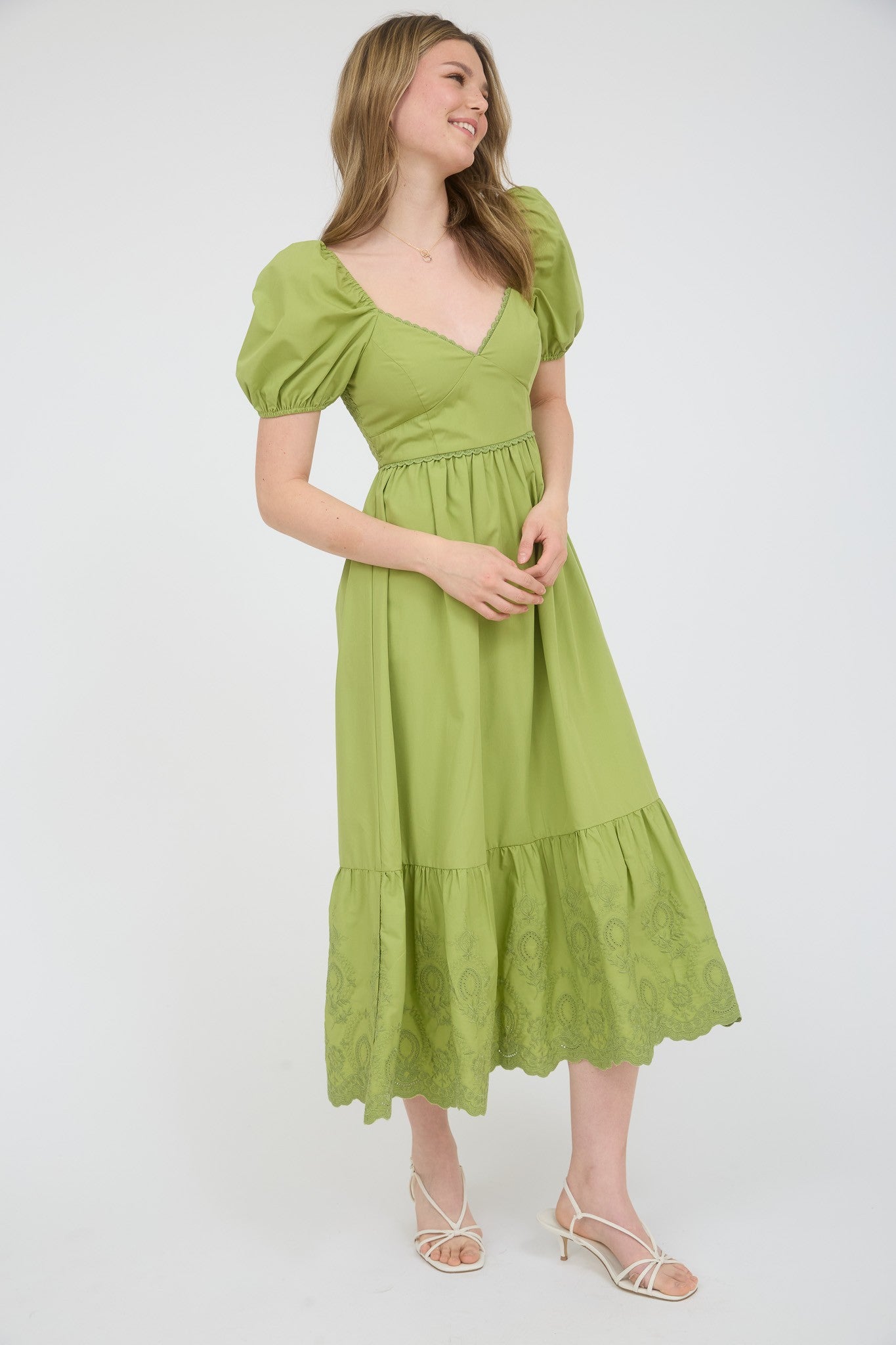 Sweetheart Neckline Puff Sleeve Eyelet Hem Midi Dress