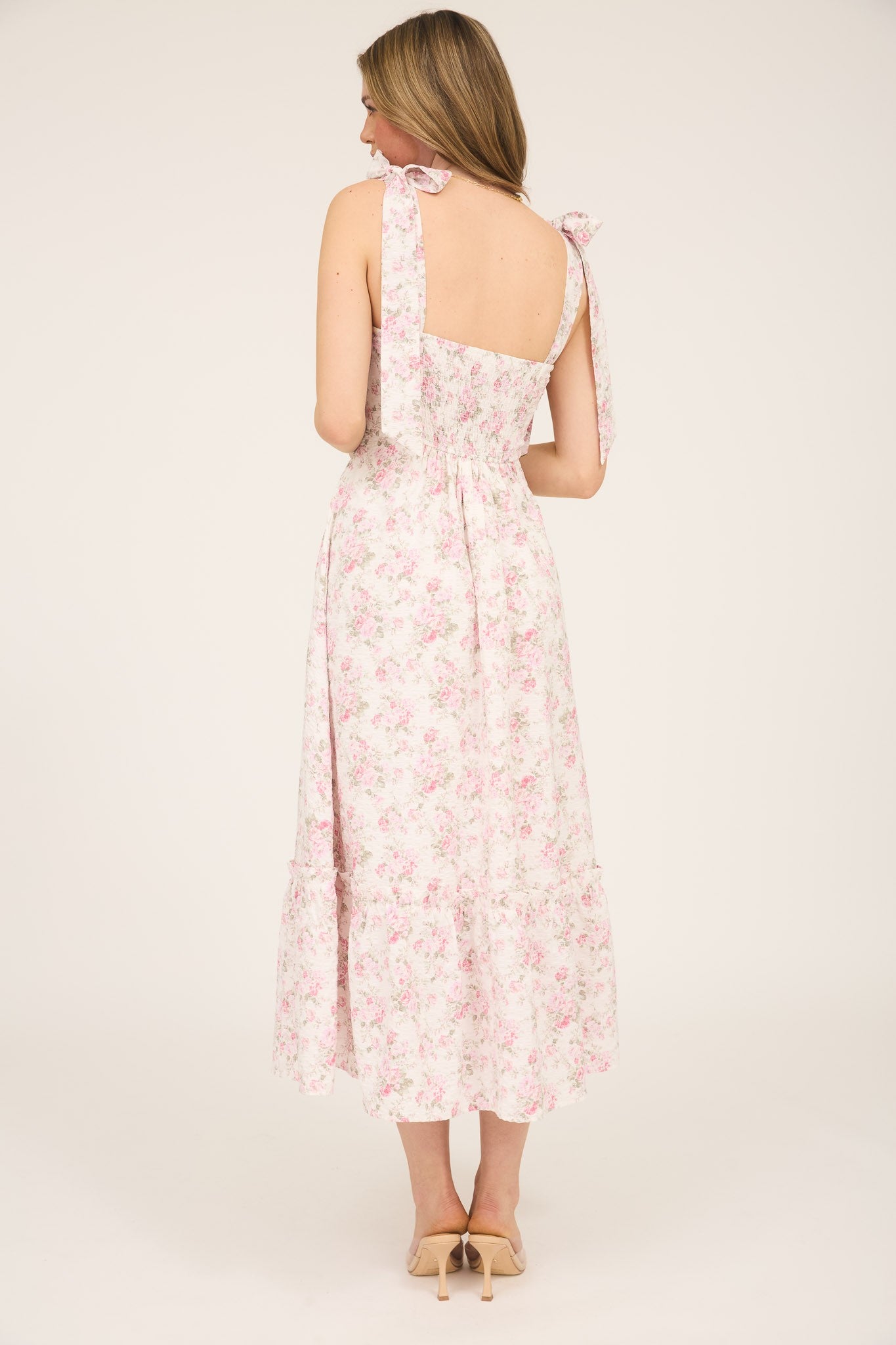 Floral Tie Strap Ruched Detail Maxi Dress