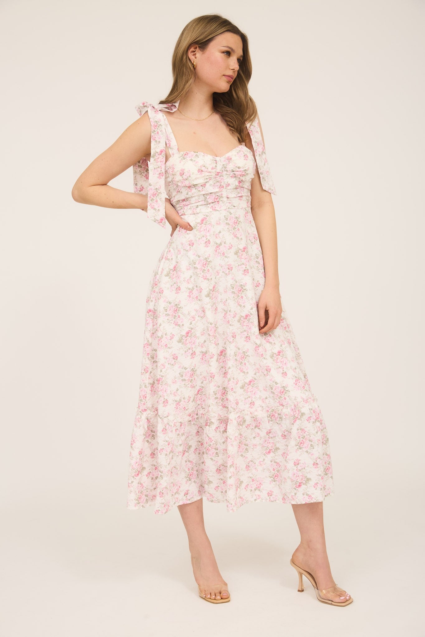 Floral Tie Strap Ruched Detail Maxi Dress