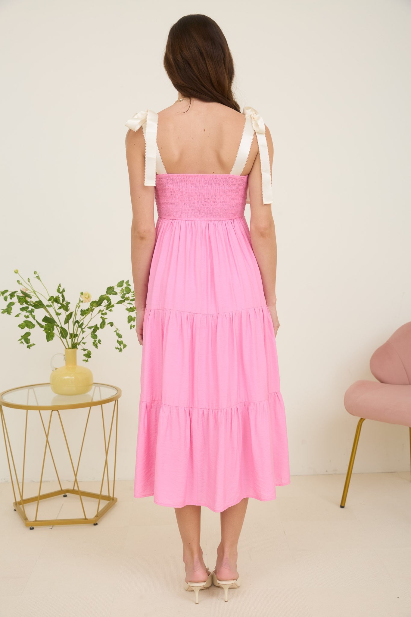 Embroidered Detail Ribbon Strap Tiered Maxi Dress