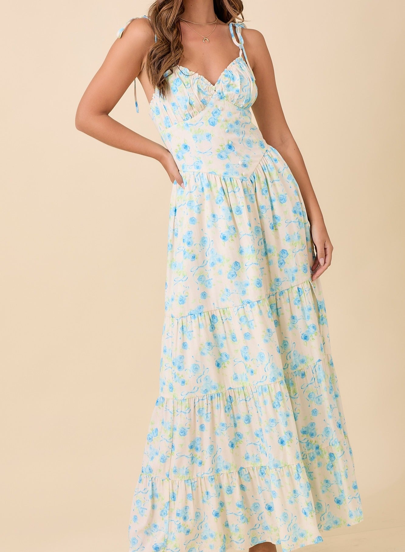 Shoulder Strap Tie Maxi Tier Dress