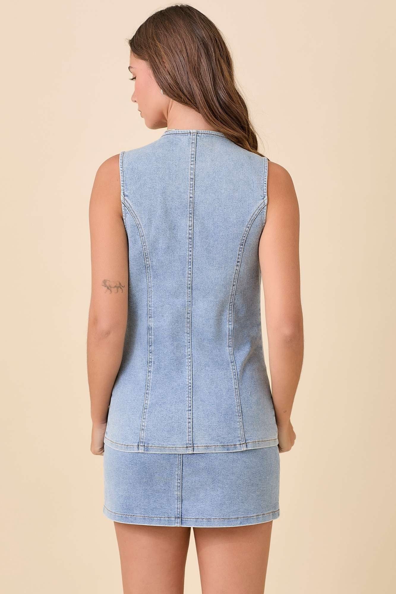 Denim Vest With Snap Button & Ribbon Bow