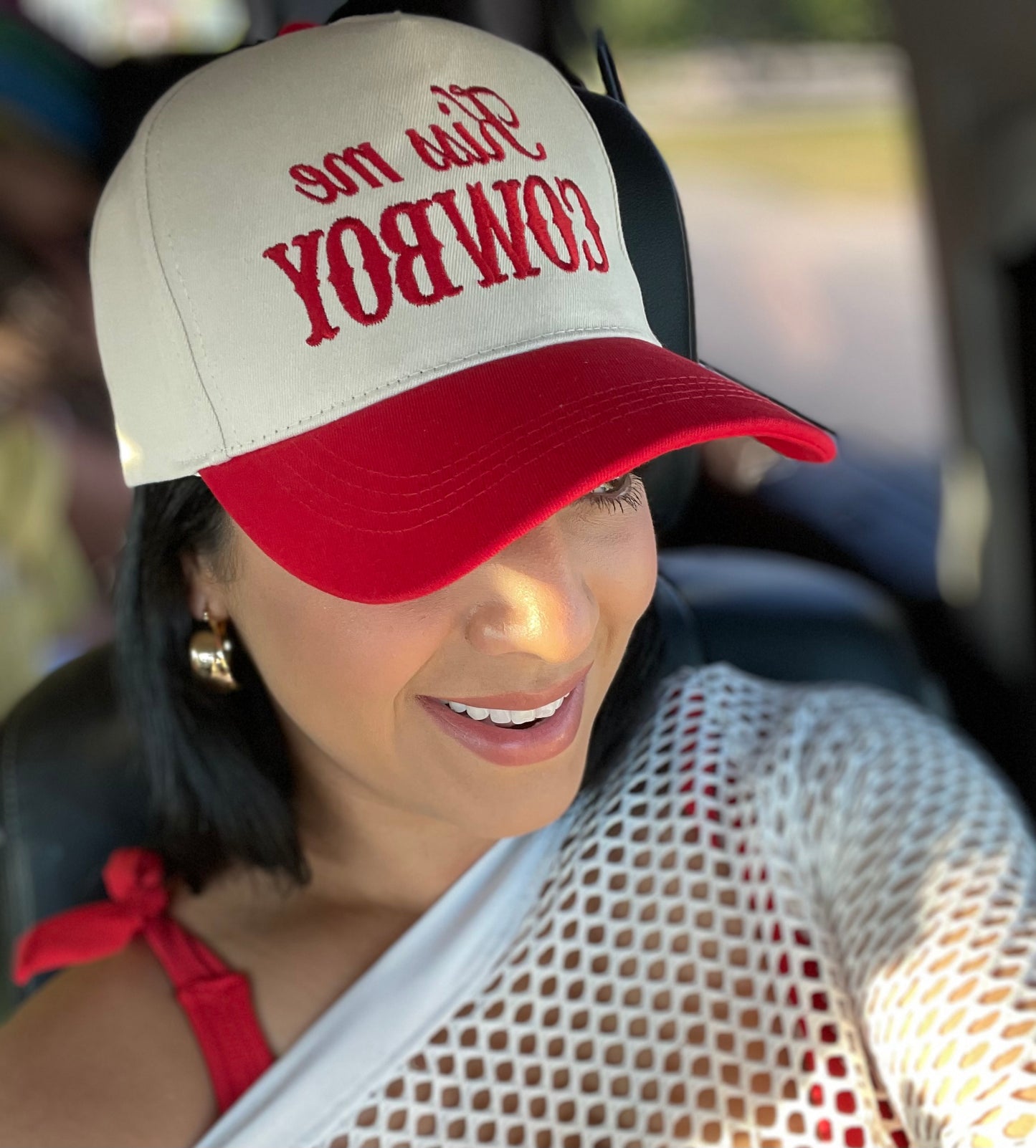 Kiss Me Cowboy Embroidery Trucker Hat-Red