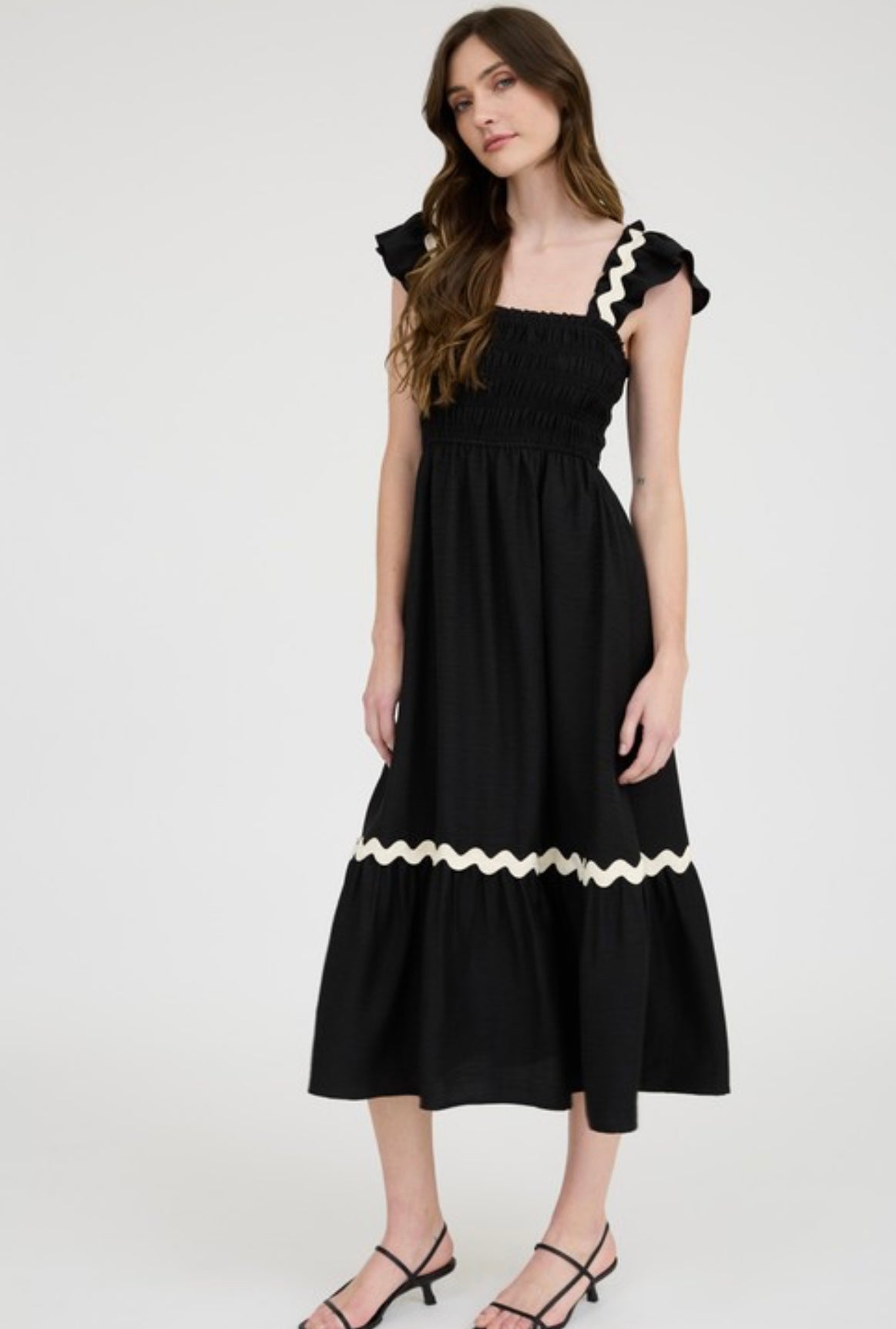 Wavy Trim Ruffle Detail Sleeveless Midi Dress