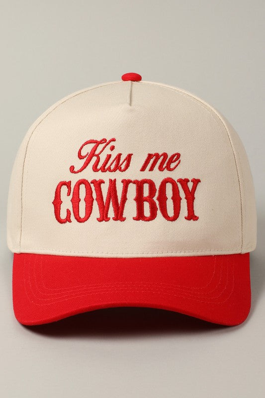 Kiss Me Cowboy Embroidery Trucker Hat-Red