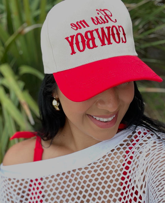 Kiss Me Cowboy Embroidery Trucker Hat-Red