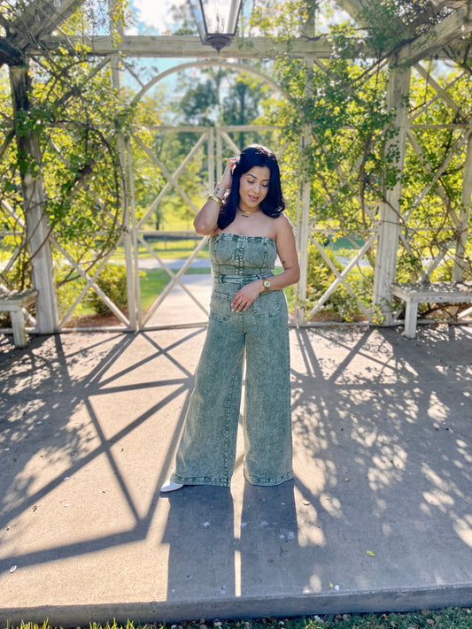 Olive Wide Leg Mineral Wash Tube Top Denim Jumpsuit