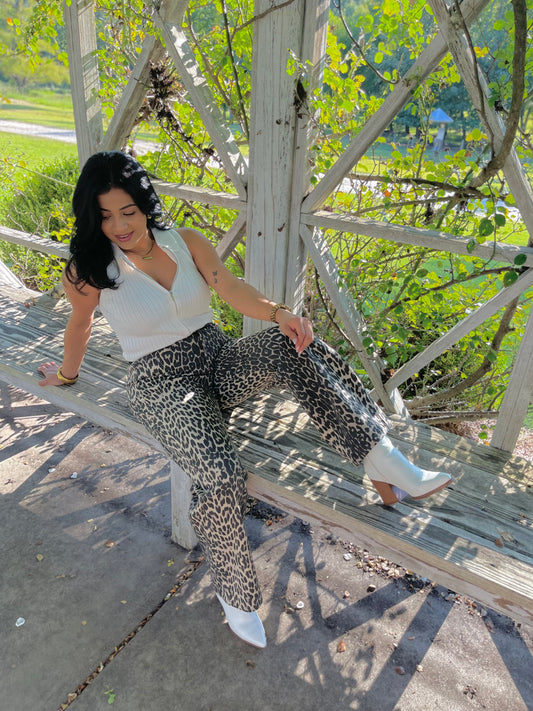 High Waisted Animal Print Knit Jeans