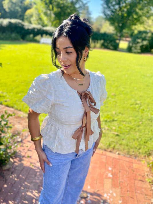 Bubble Babydoll Blouse With Contrast Bow Tie