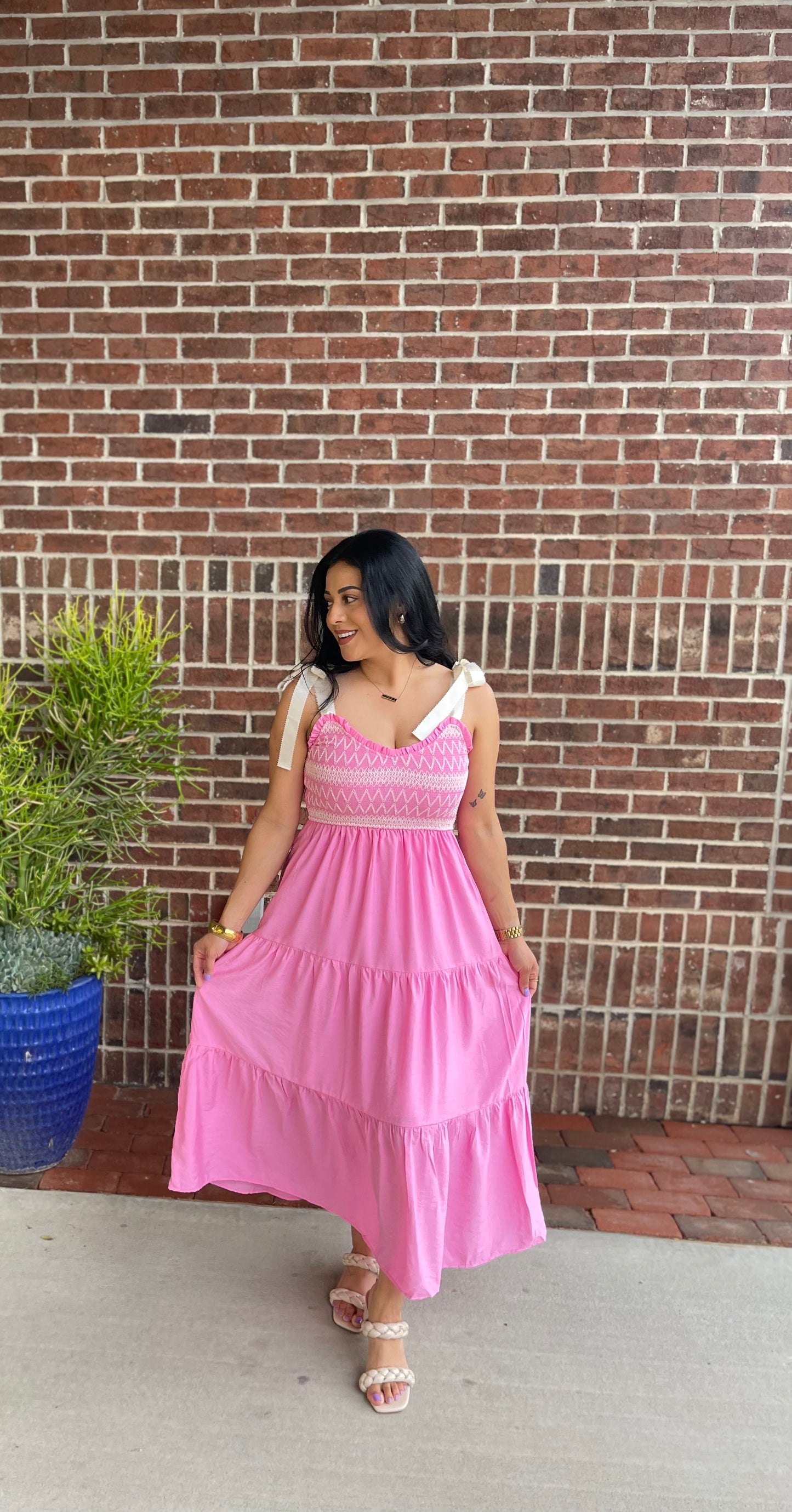 Embroidered Detail Ribbon Strap Tiered Maxi Dress