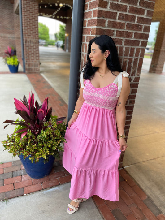 Embroidered Detail Ribbon Strap Tiered Maxi Dress