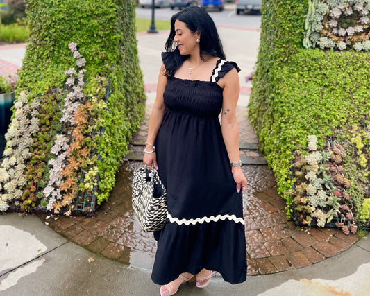 Wavy Trim Ruffle Detail Sleeveless Midi Dress