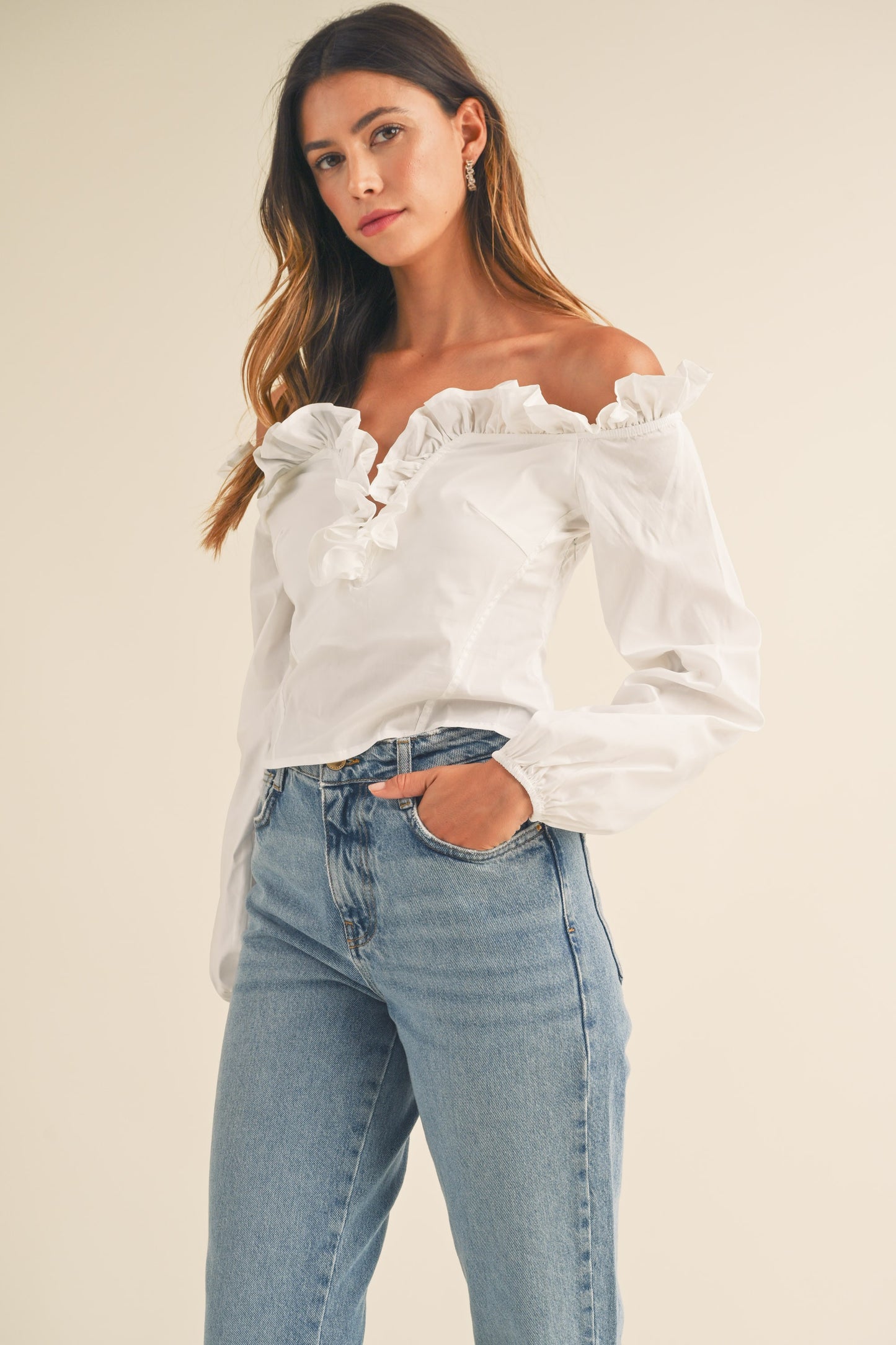 Off Shoulder Ruffle V Neck Top With Back Lace Up