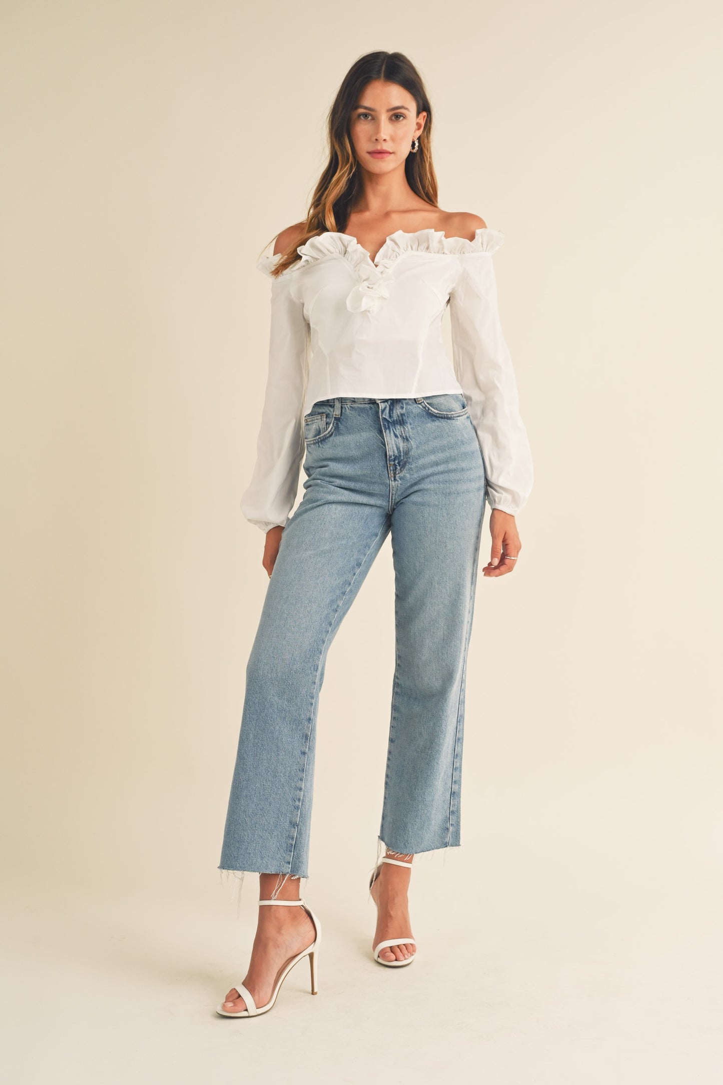 Off Shoulder Ruffle V Neck Top With Back Lace Up