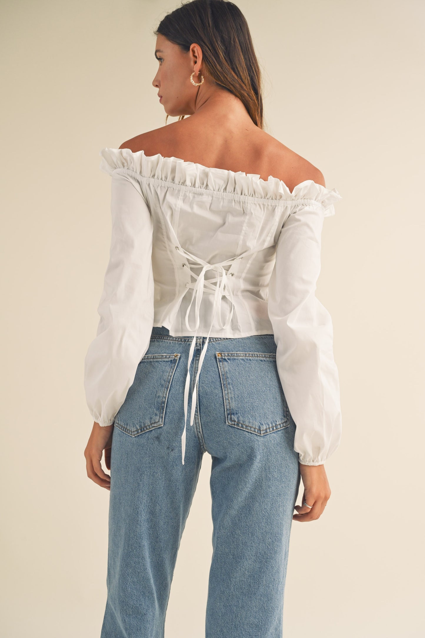 Off Shoulder Ruffle V Neck Top With Back Lace Up