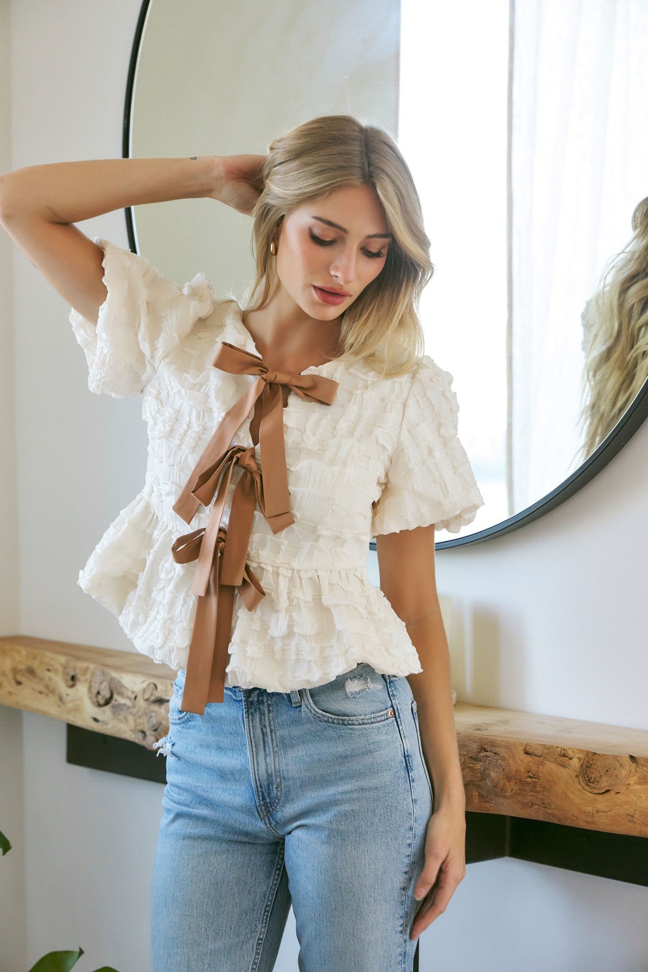 Bubble Babydoll Blouse With Contrast Bow Tie
