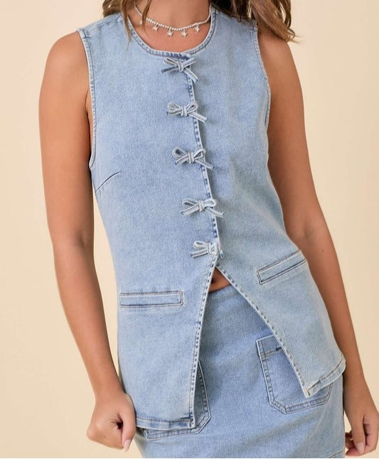 Denim Vest With Snap Button & Ribbon Bow